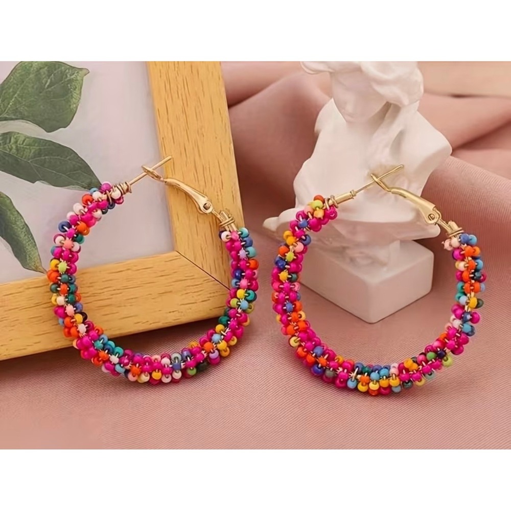 Beaded Hoop Earrings Womens OS Multicolor NWT Rainbow Boho 1.57in